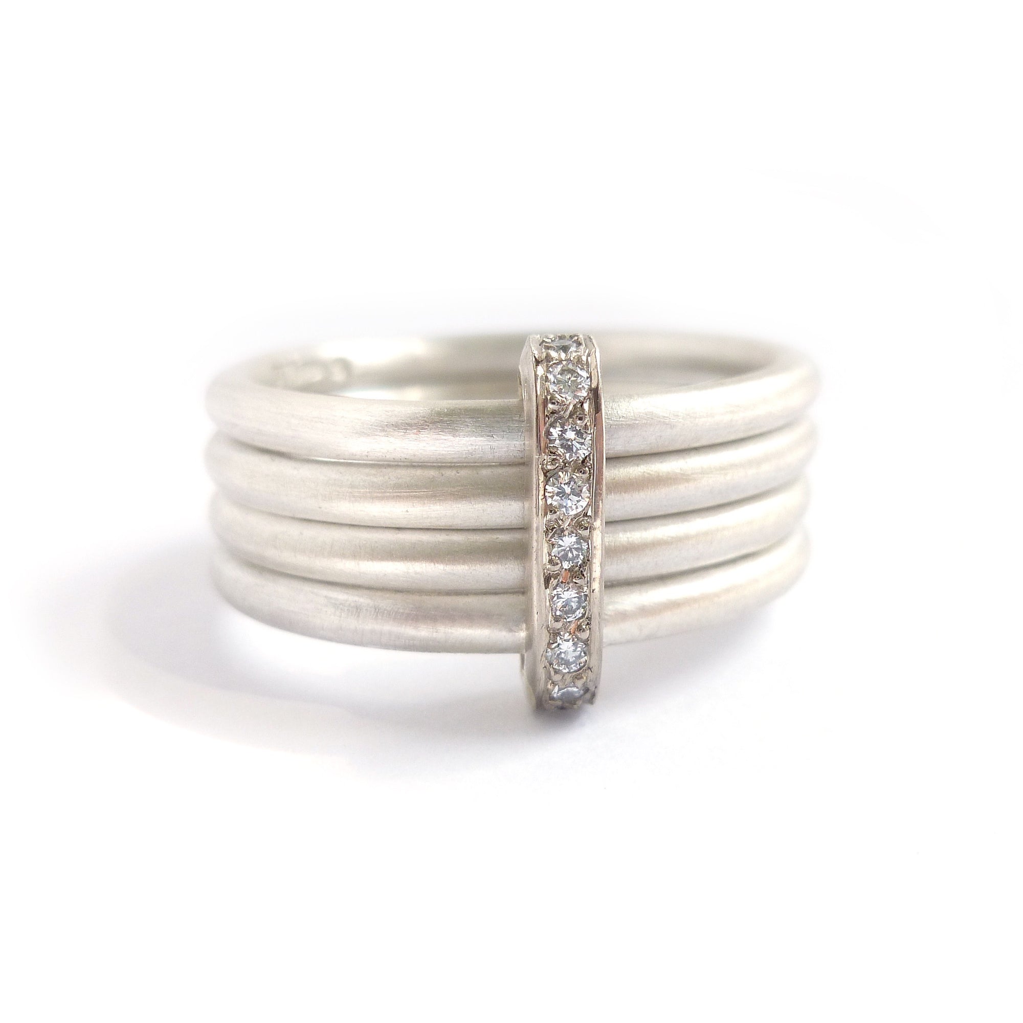 Modern contemporary silver and gold two tone pave set diamond ring handmade by Sue Lane