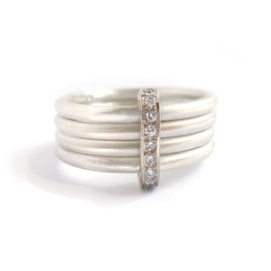 Modern contemporary silver and gold two tone pave set diamond ring handmade by Sue Lane