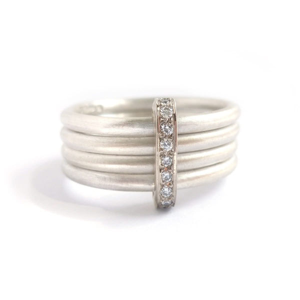 Modern contemporary silver and gold two tone pave set diamond ring handmade by Sue Lane