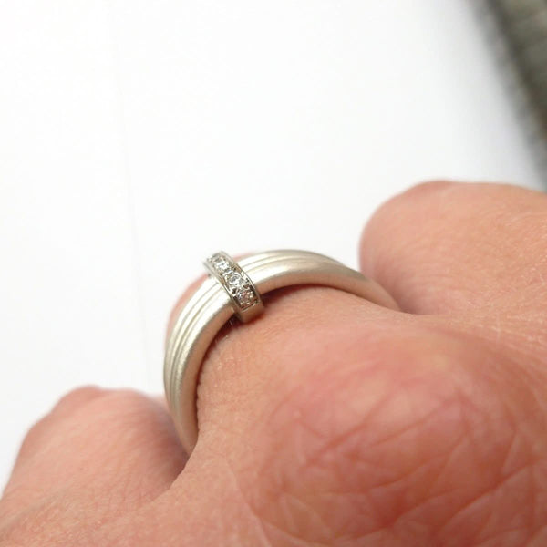 Unique bespoke contemporary handmade and modern silver and gold two tone pave set diamond ring handmade by Sue Lane