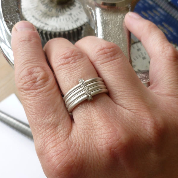 Contemporary unique bespoke handmade and modern silver and gold two tone pave set diamond ring handmade by Sue Lane