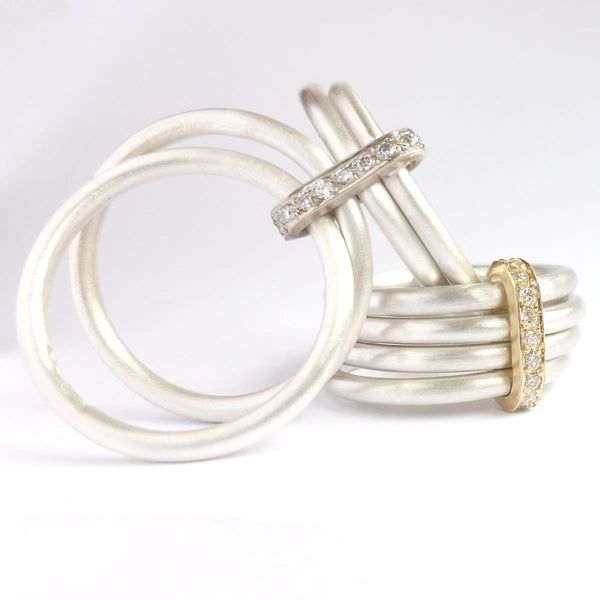 Four 4 band modern contemporary silver and gold two tone pave set diamond ring handmade by Sue Lane