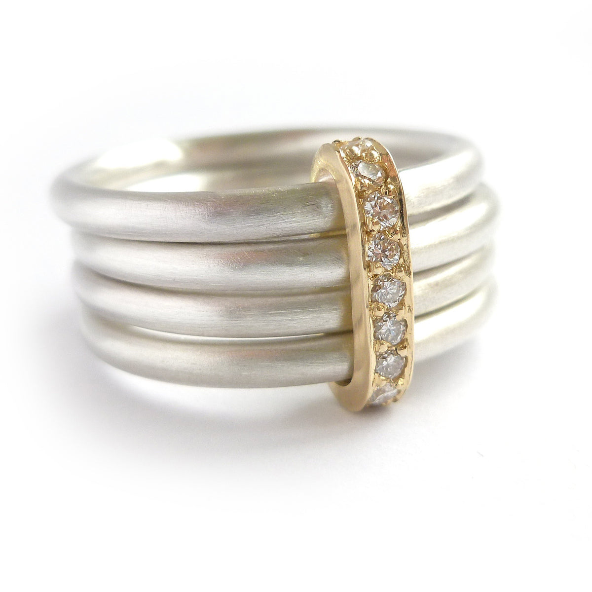 Four 4 band modern contemporary silver and gold two tone pave set diamond ring handmade by Sue Lane