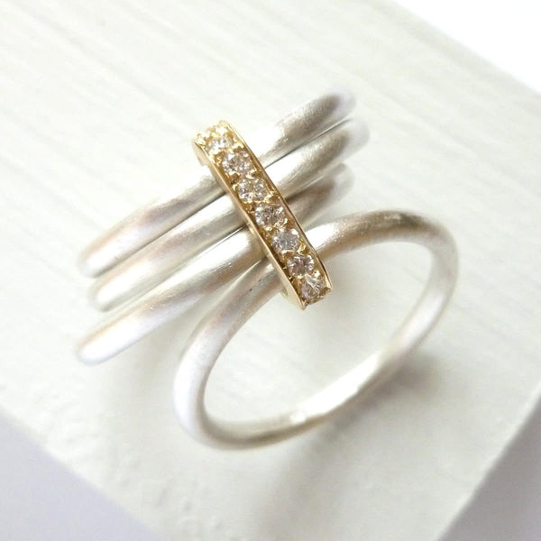 Four 4 band modern contemporary silver and gold two tone pave set diamond ring handmade by Sue Lane