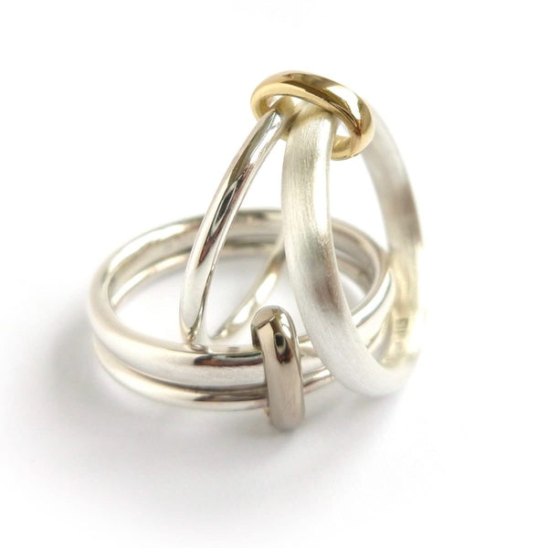 Detailed view of the silver double‑band ring with subtle movement and contrasting 18ct gold loop