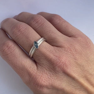 Unusual, unique, bespoke & modern silver ring aquamarine two band ring