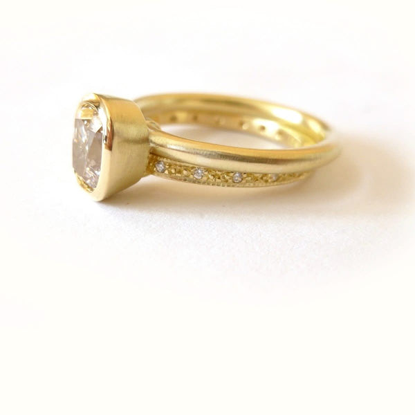 Unique, one off cushion cut champagne diamond stacking ring set, a modern engagement or wedding ring handmade in UK by Sue Lane