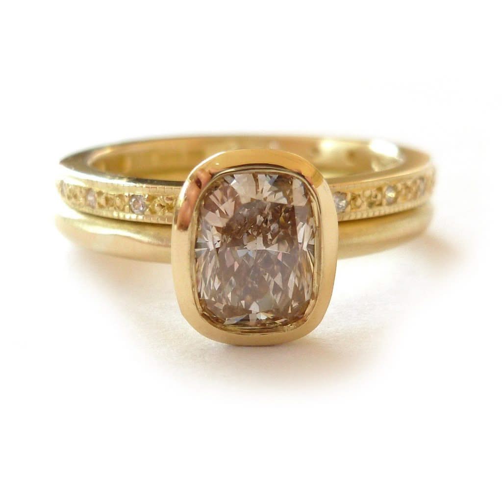 Unique, one off cushion cut champagne diamond stacking ring set, a modern engagement or wedding ring handmade in UK by Sue Lane