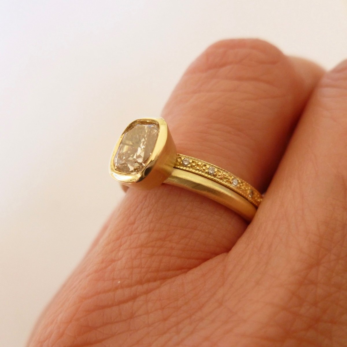 Unique, one off cushion cut champagne diamond stacking ring set, a modern engagement or wedding ring handmade in UK by Sue Lane