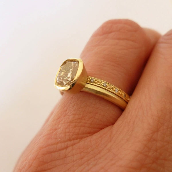 Unique, one off cushion cut champagne diamond stacking ring set, a modern engagement or wedding ring handmade in UK by Sue Lane