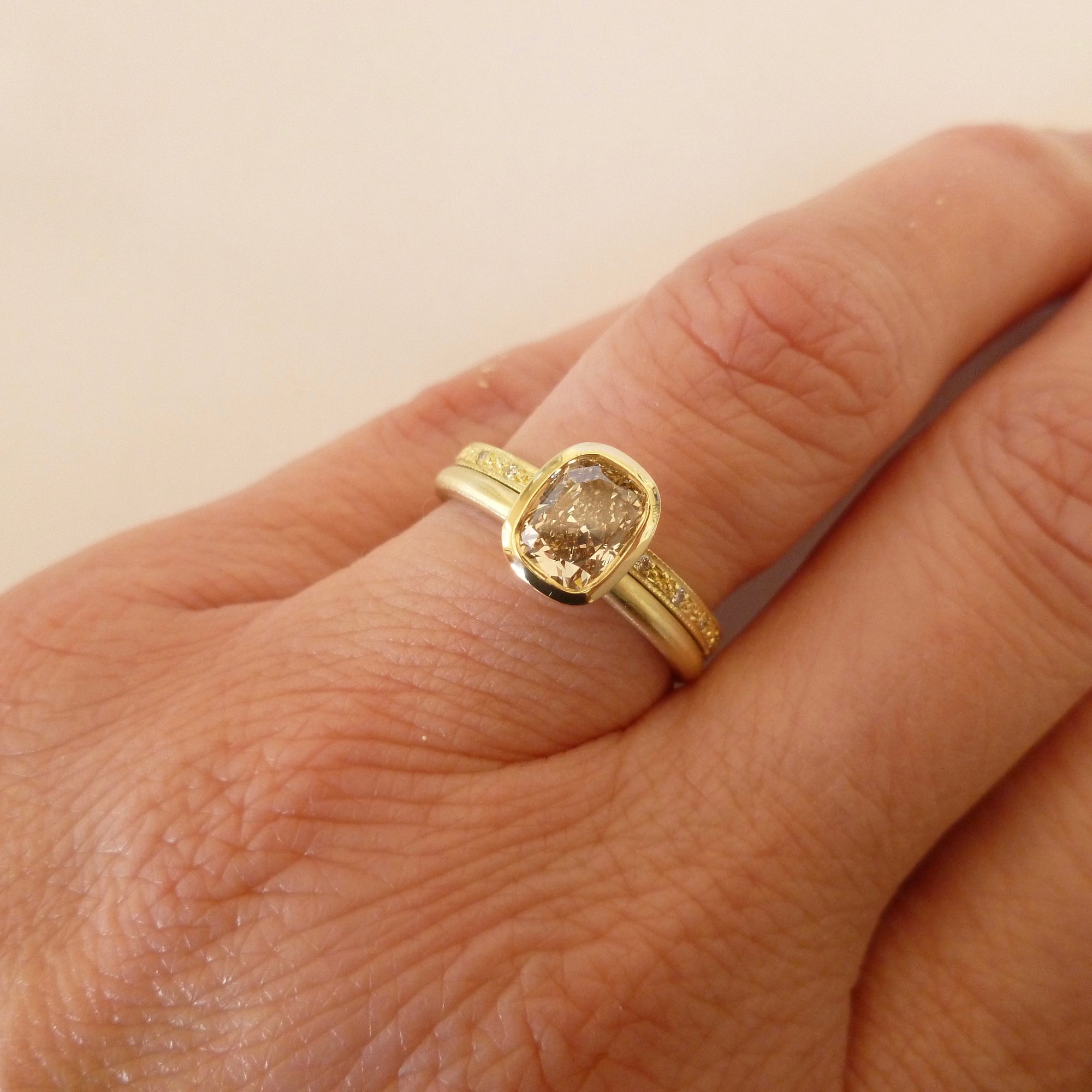 Unique, one off cushion cut champagne diamond stacking ring set, a modern engagement or wedding ring handmade in UK by Sue Lane