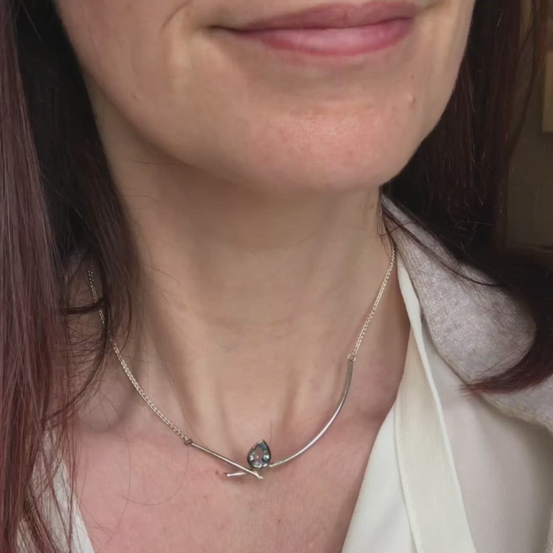Contemporary jewellery - modern & bespoke silver 18ct white gold and aquamarine contemporary necklace handmade in UK