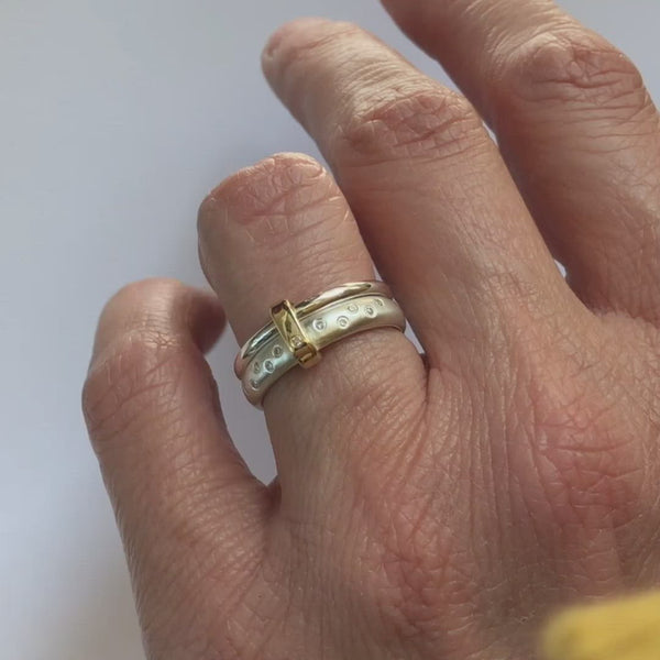 Modern unique and bespoke contemporary silver gold and diamond eternity style two band stacking ring by Sue Lane