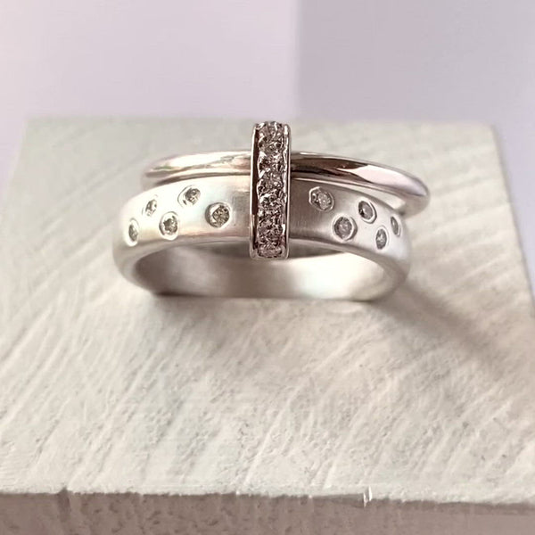Modern contemporary silver and diamond ring. Beautiful dress ring or bespoke eternity ring. Sue Lane.