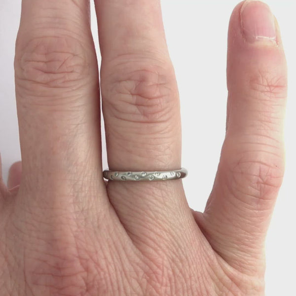 Contemporary, unique, bespoke and modern platinum diamond wedding ring, engagement ring, eternity ring, matt brushed finish. Handmade by designer maker Sue Lane