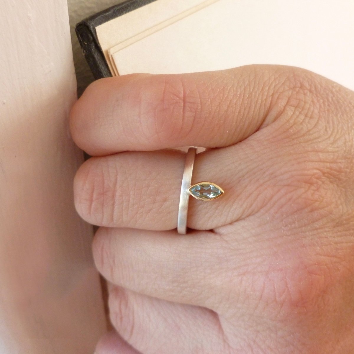 Silver and marquise aquamarine ring