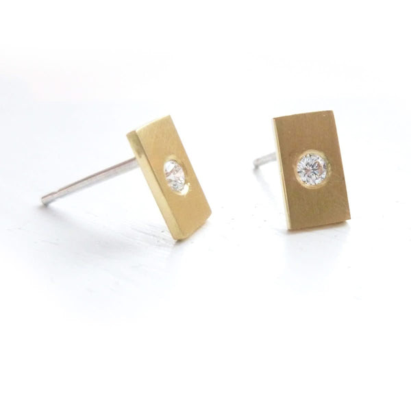 handmade diamond and yellow gold brushed stud earrings