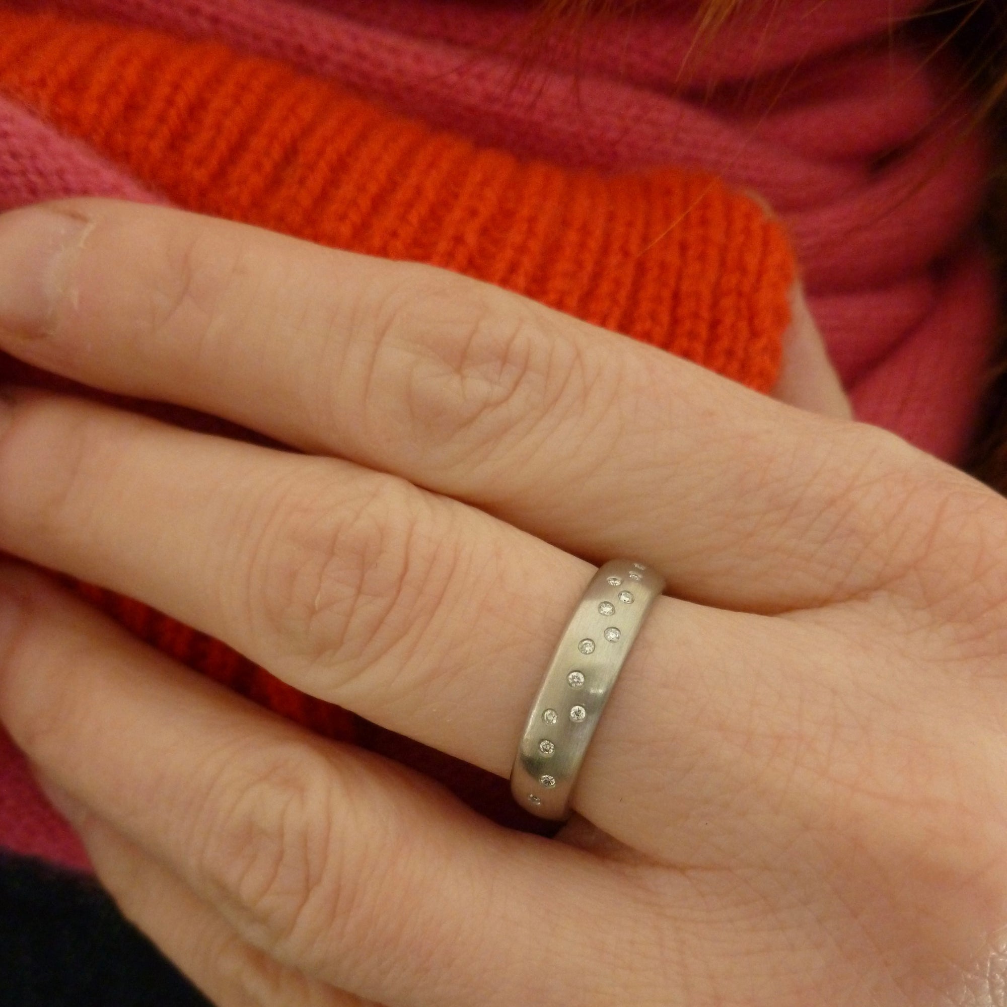 wide brushed platinum diamond ring contemporary handmade bespoke Sue Lane