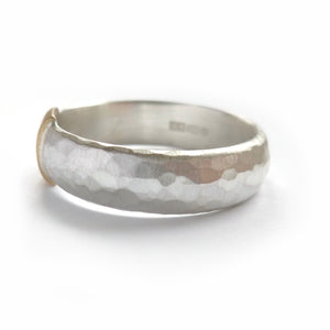 modern and unusual two tone silver and gold chunky ring for men or woman with a hammered finish. Handmade in UK