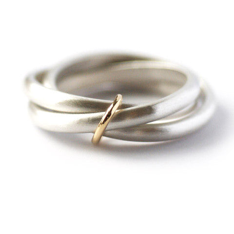 Unusual, unique, bespoke and modern silver "Russian Wedding ring" playful and tactile with brushed finish. Handmade by Sue Lane Contemporary Jewellery UK. 