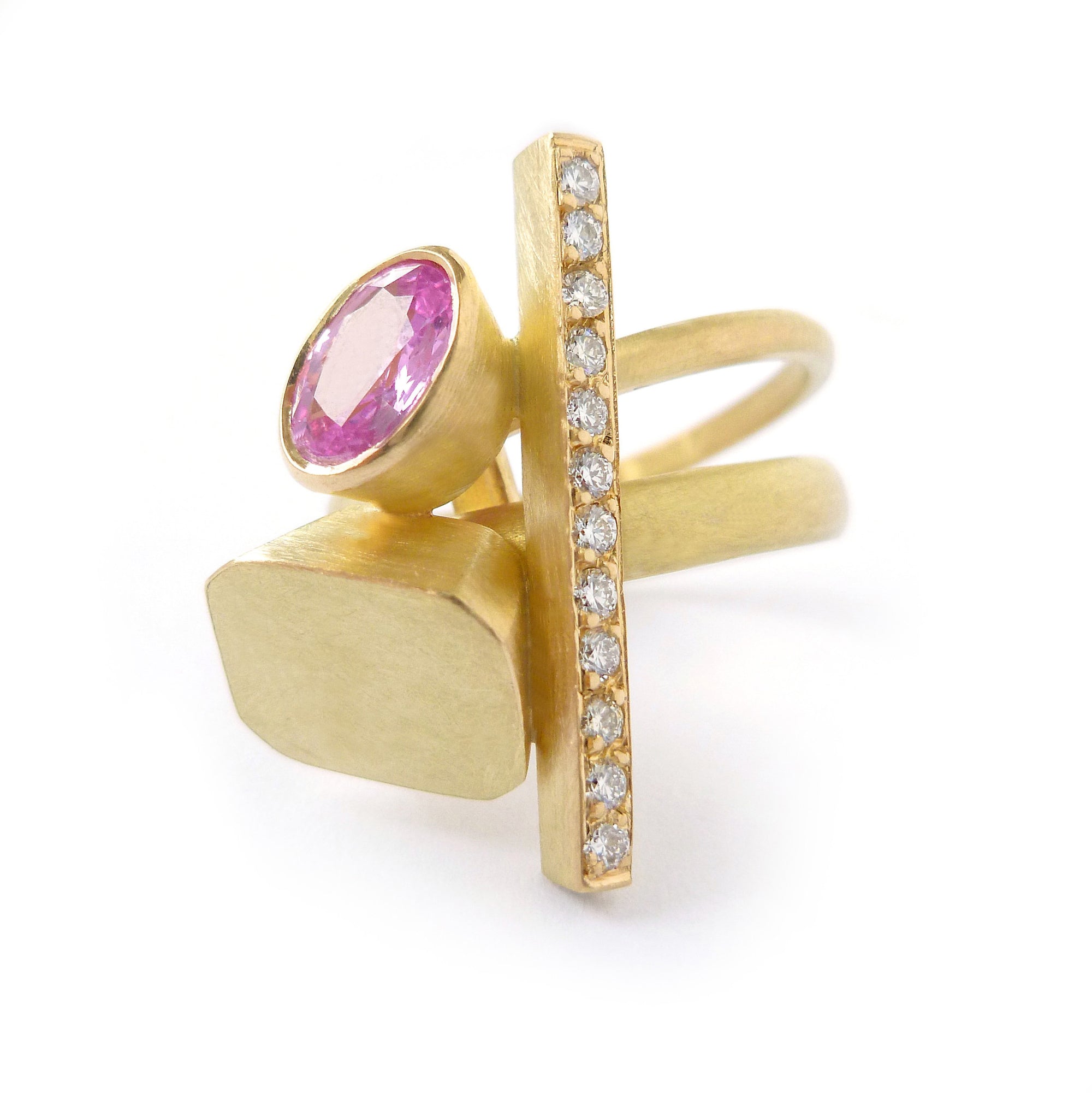 baby pink sapphire one of a kind statement ring set in yellow gold