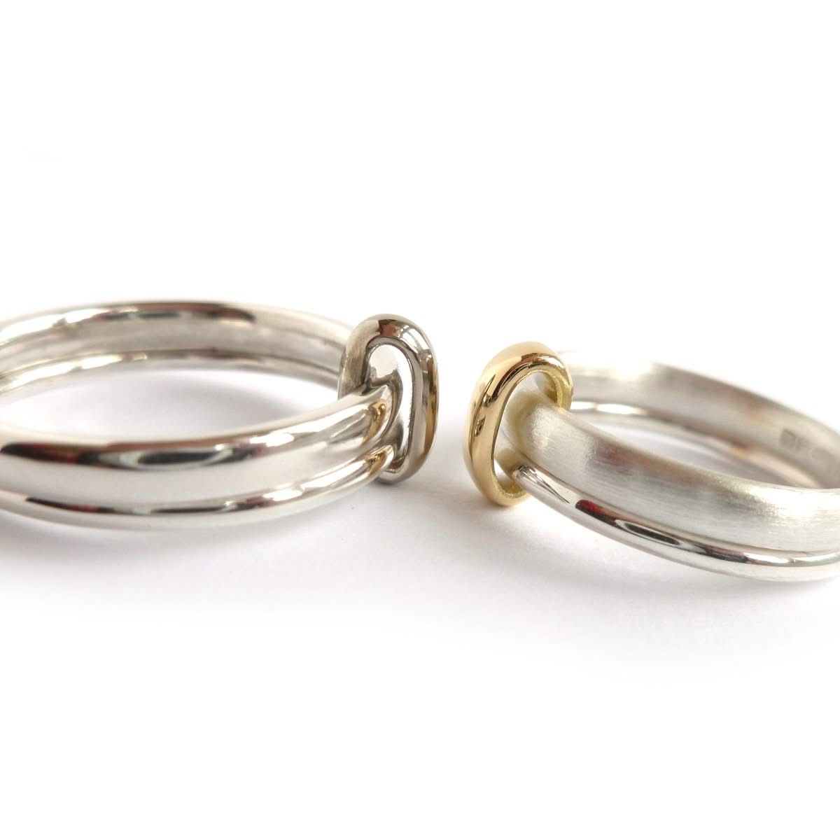 Detailed view of the silver russian style ring with subtle movement and contrasting 18ct gold loop.