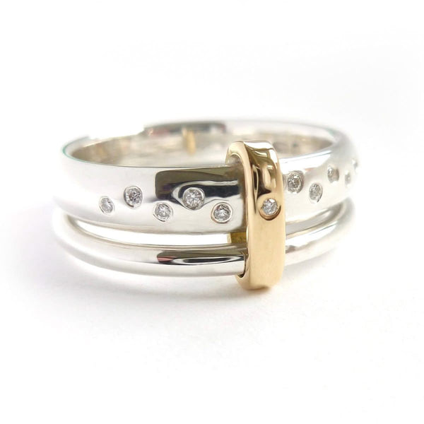 Modern unique and bespoke contemporary silver gold and diamond eternity style two band stacking ring by Sue Lane
