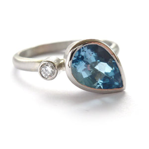 Unique one of a kind aquamarine and diamond ring platinum ring, an alternative engagement ring handmade in UK by Sue Lane 