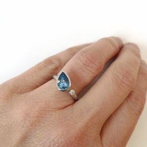 Unique one of a kind aquamarine and diamond ring platinum ring, an alternative engagement ring handmade in UK by Sue Lane 