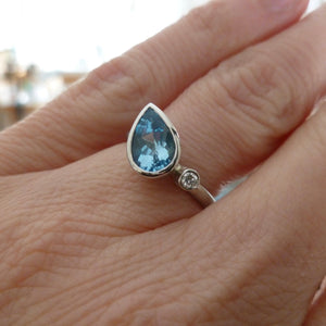 Unique one of a kind aquamarine and diamond ring platinum ring, an alternative engagement ring handmade in UK by Sue Lane 