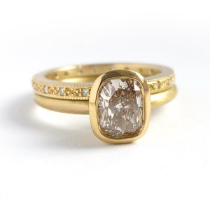 Unique, one off cushion cut champagne diamond stacking ring set, a modern engagement or wedding ring handmade in UK by Sue Lane
