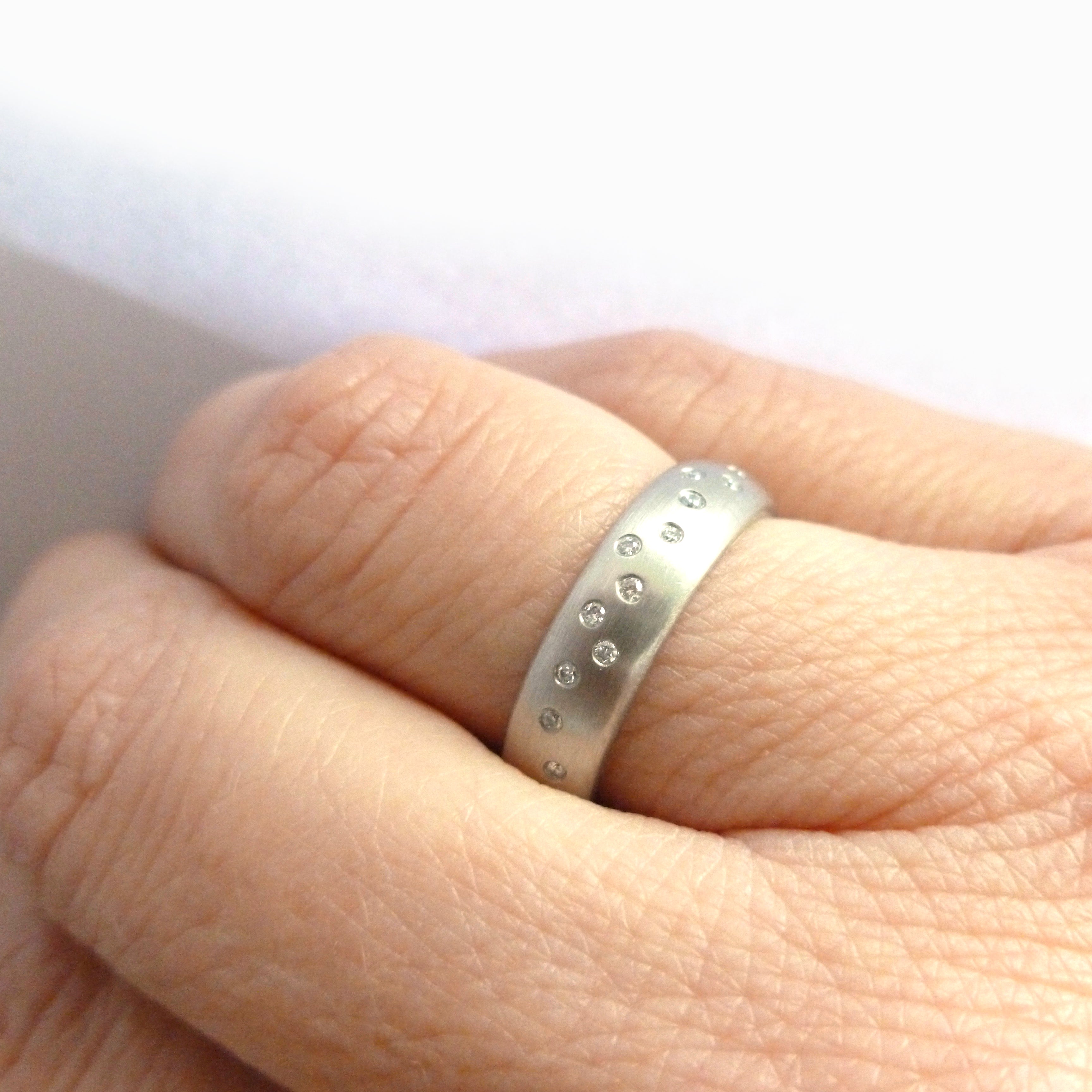 wide brushed platinum diamond ring contemporary handmade bespoke Sue Lane