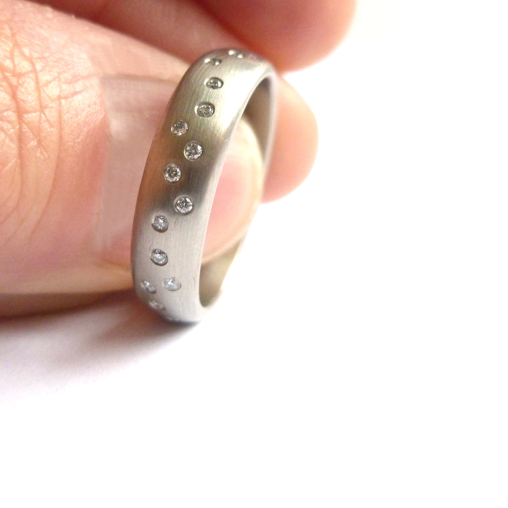 wide brushed platinum diamond ring contemporary handmade bespoke Sue Lane