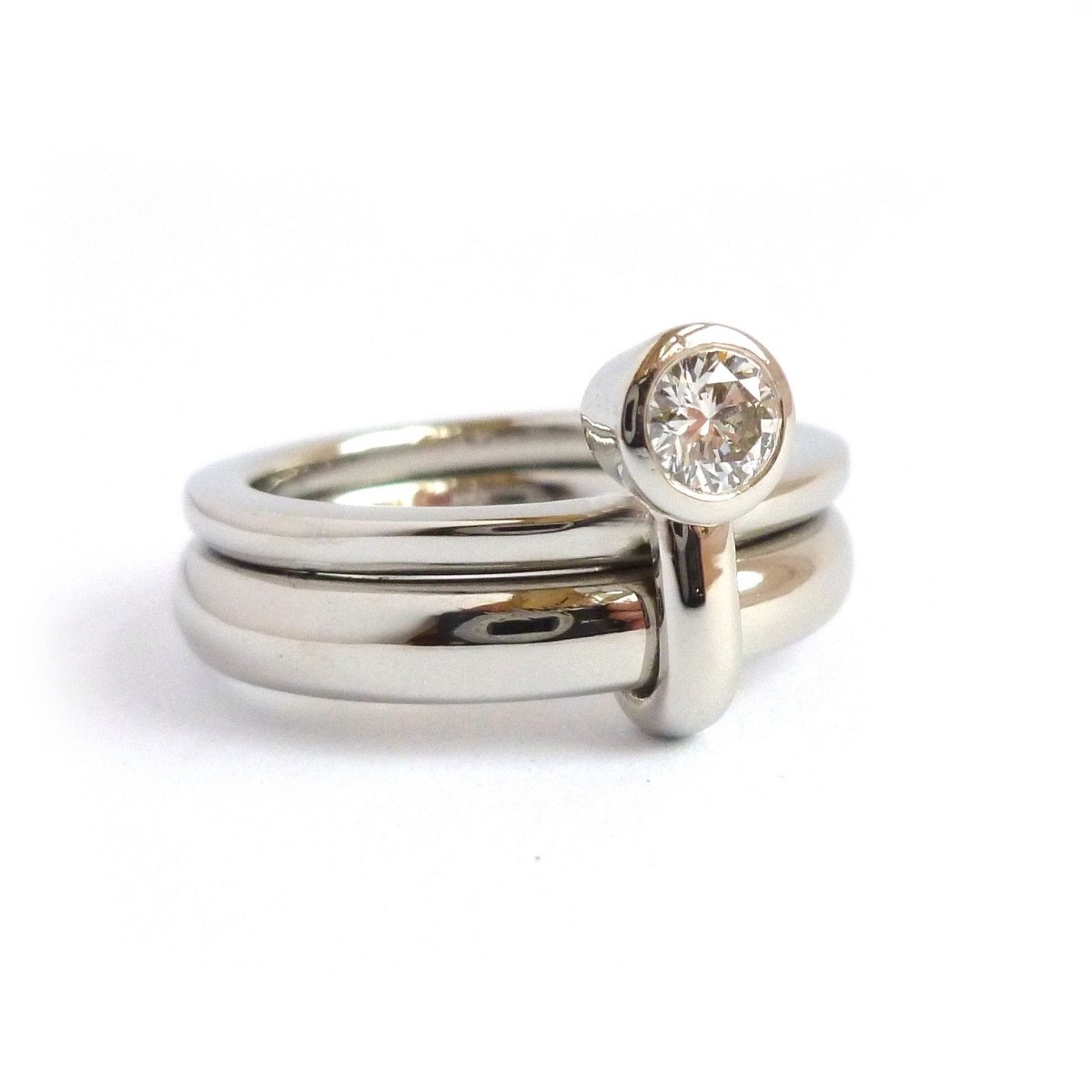 Chunky heavy weight modern eternity two band stacking ring set, handmade in platinum and diamond. Multi band ring or interlocking ring, sometimes called double band ring too.