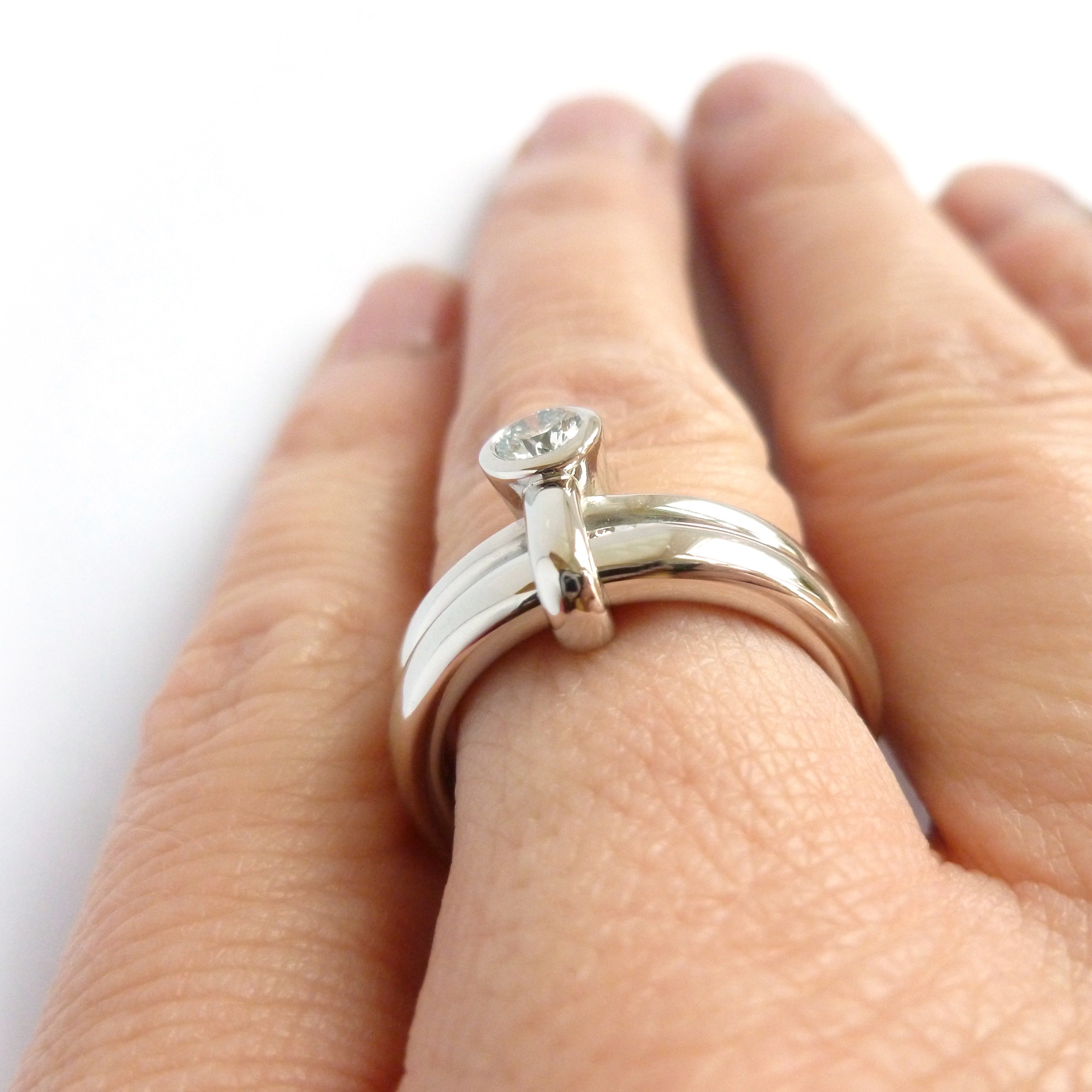 Chunky heavy weight modern eternity two band stacking ring set, handmade in platinum and diamond. Multi band ring or interlocking ring, sometimes called double band ring too.