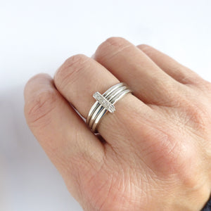 Unusual, unique, bespoke and modern Platinum and diamond wedding ring, contemporary eternity ring, engagement ring, Handmade by Sue Lane in Herefordshire, UK. Multi band ring or interlocking ring, sometimes called triple band rings too.