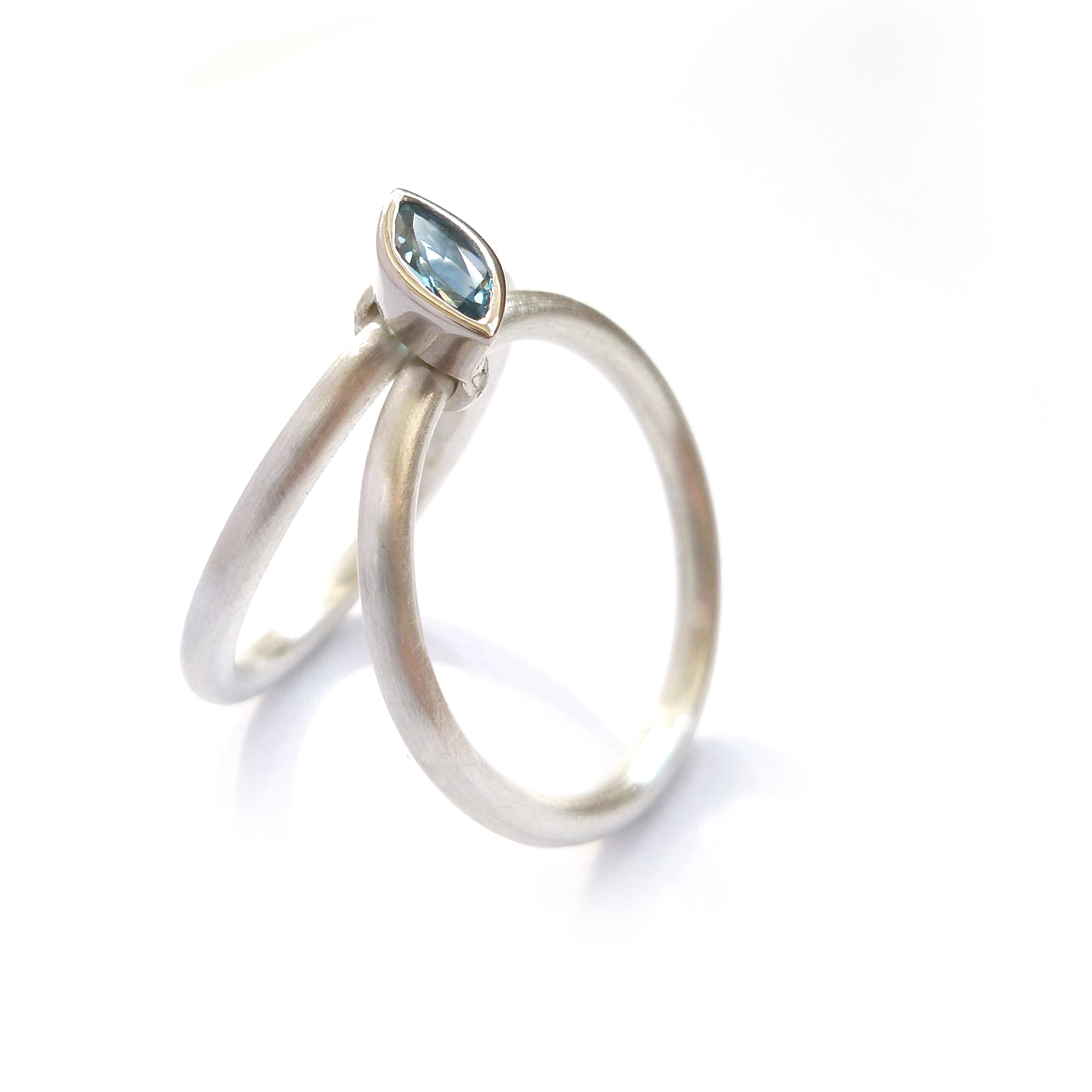 two band modern silver and gold marquise aquamarine stacking ring 