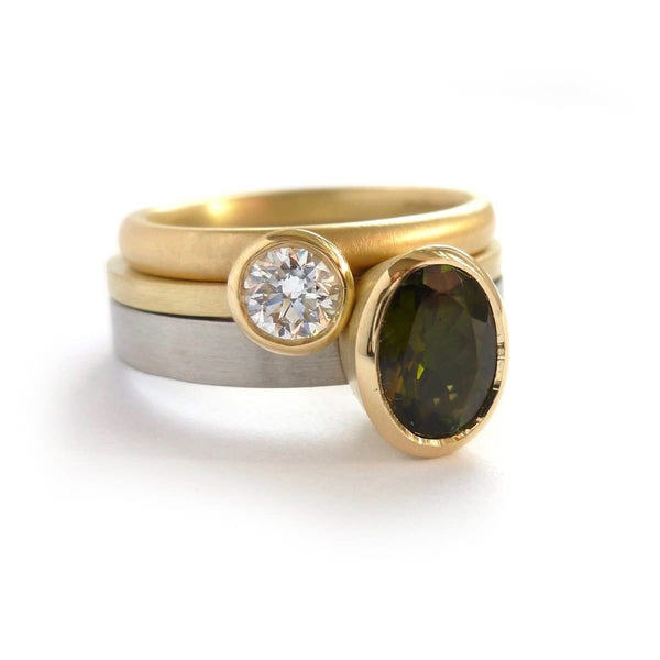 modern simple two band ring with green tourmaline, alternative engagement ring or chunky dress ring