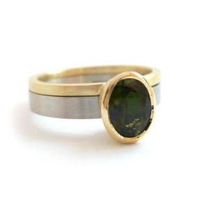 modern simple two band ring with green tourmaline, alternative engagement ring or chunky dress ring