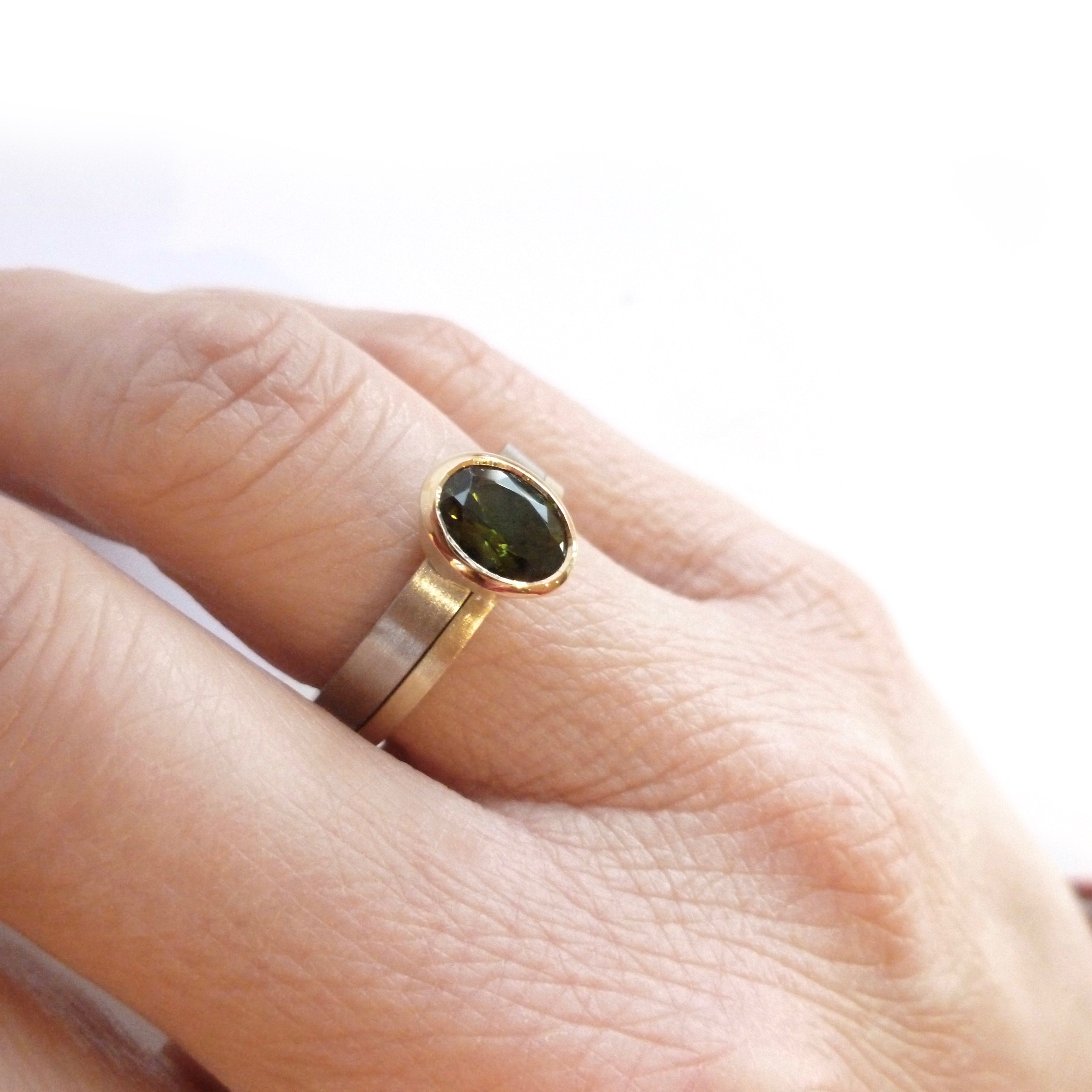 modern simple two band ring with green tourmaline, alternative engagement ring or chunky dress ring
