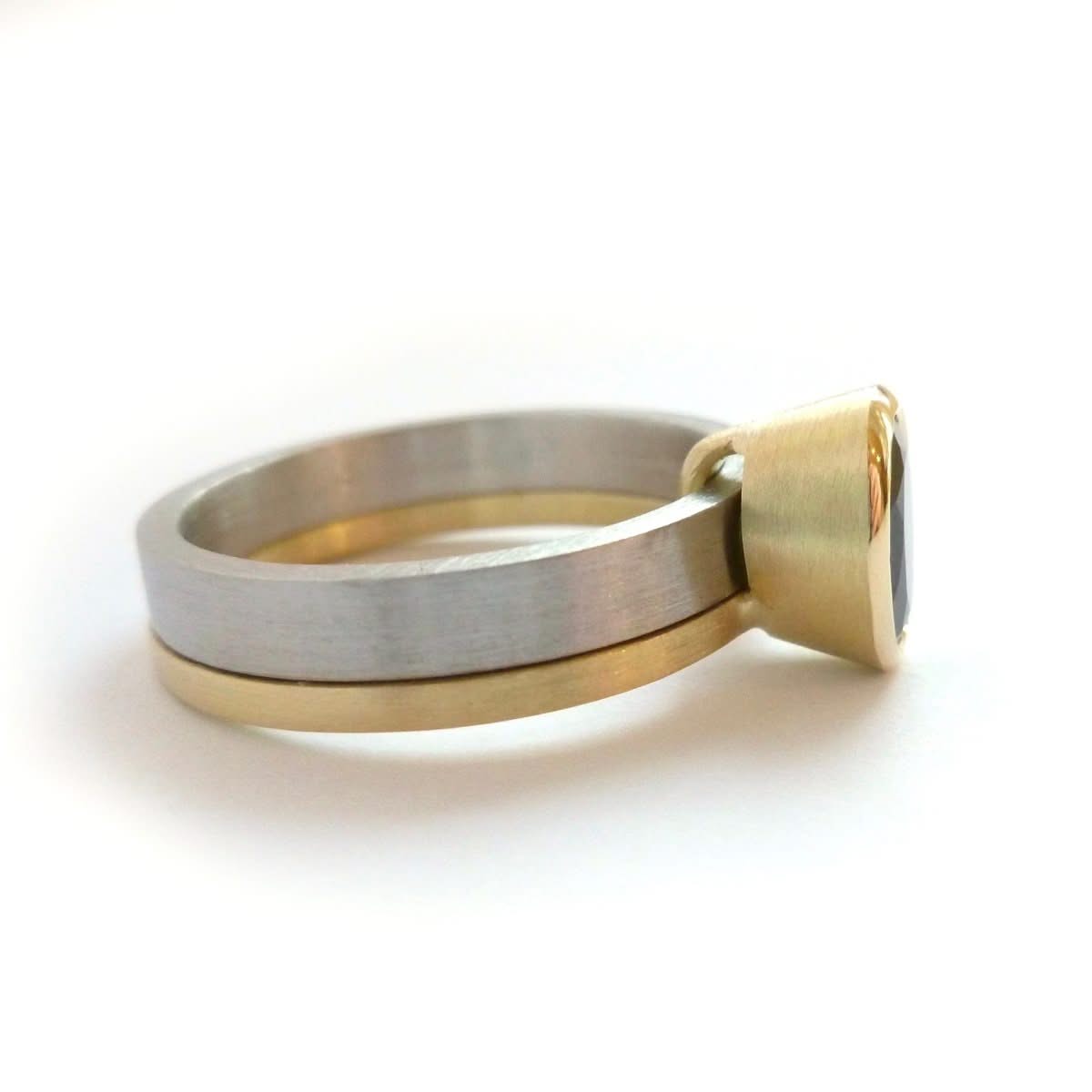 modern simple two band ring with green tourmaline, alternative engagement ring or chunky dress ring