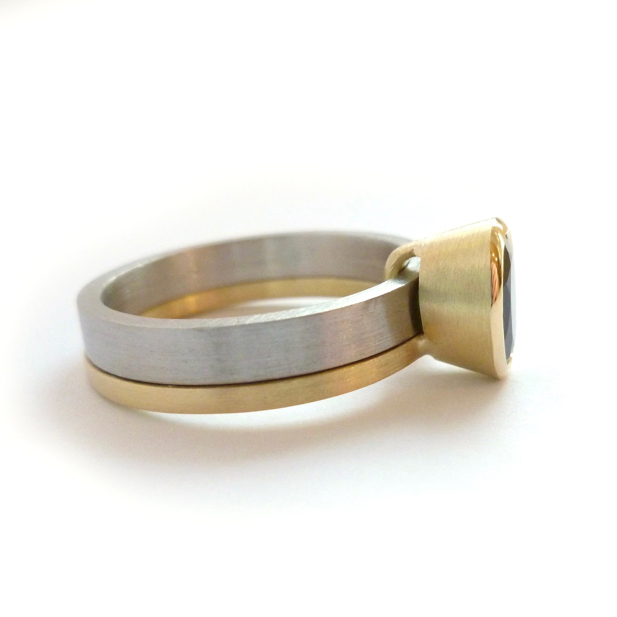 modern simple two band ring with green tourmaline, alternative engagement ring or chunky dress ring