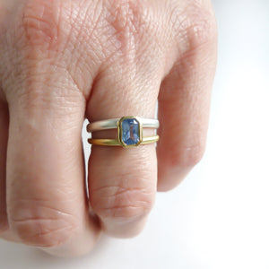 Silver 18ct gold and blue sapphire two band ring - bespoke and unique.