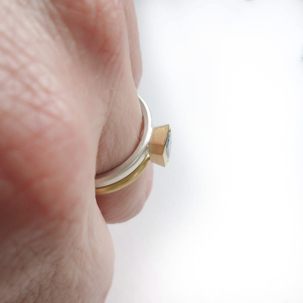 Silver 18ct gold and blue sapphire two band ring - bespoke and unique.