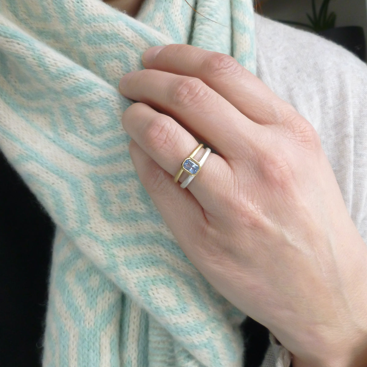 Silver 18ct gold and blue sapphire two band ring - bespoke and unique.