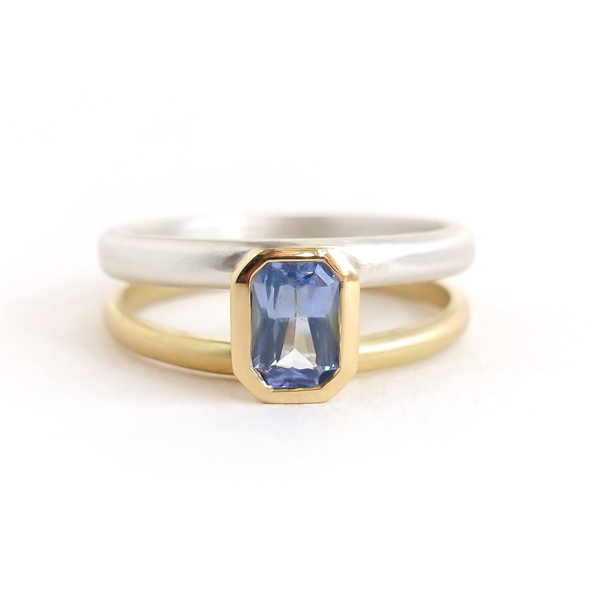 Silver 18ct gold and blue sapphire two band ring - bespoke and unique.