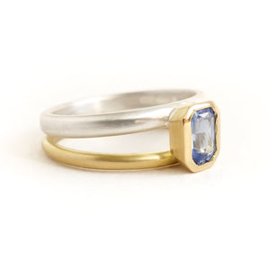 Silver 18ct gold and blue sapphire two band ring - bespoke and unique.