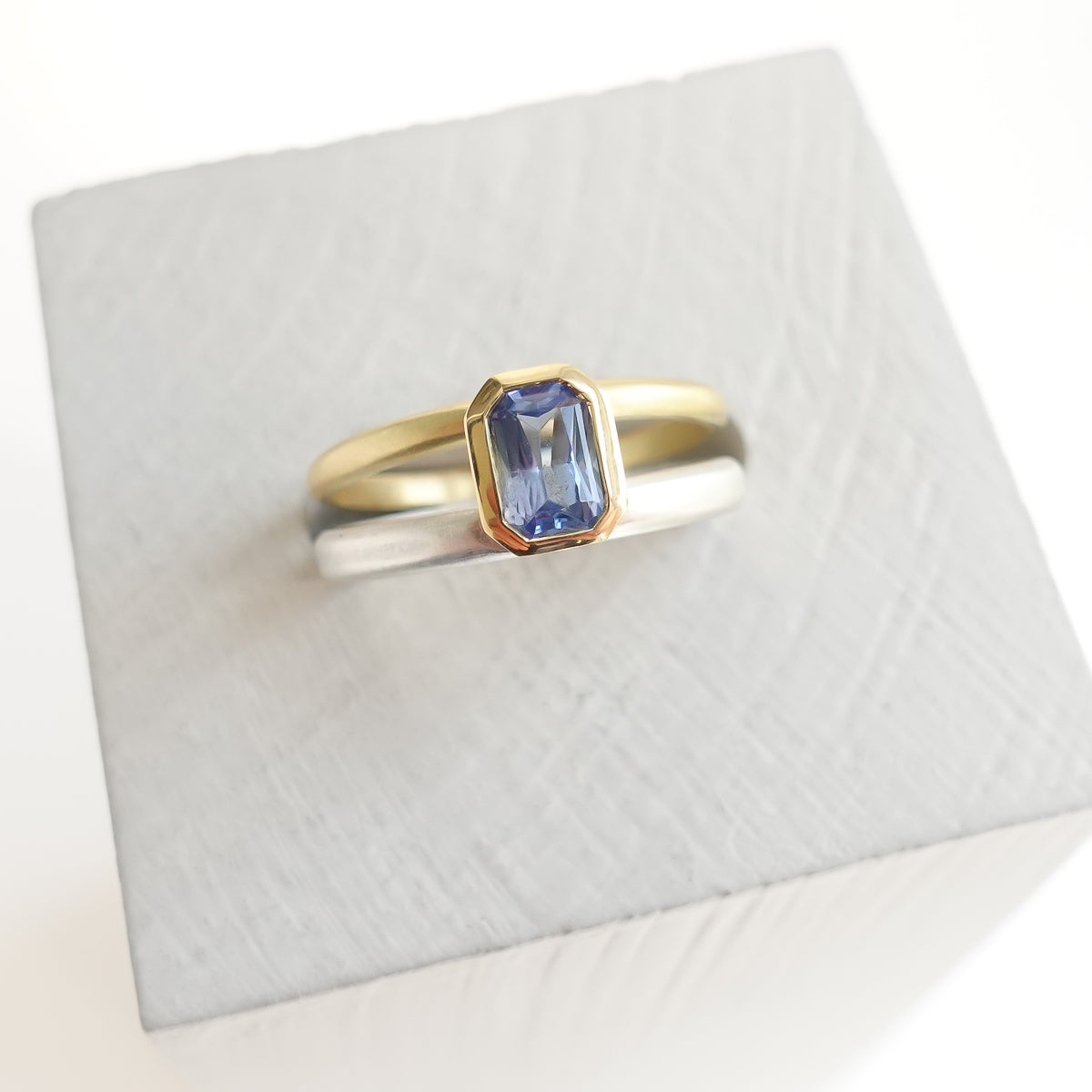 Silver 18ct gold and blue sapphire two band ring - bespoke and unique.
