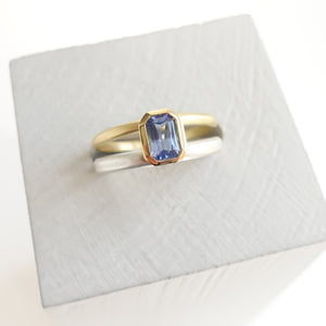Silver 18ct gold and blue sapphire two band ring - bespoke and unique.