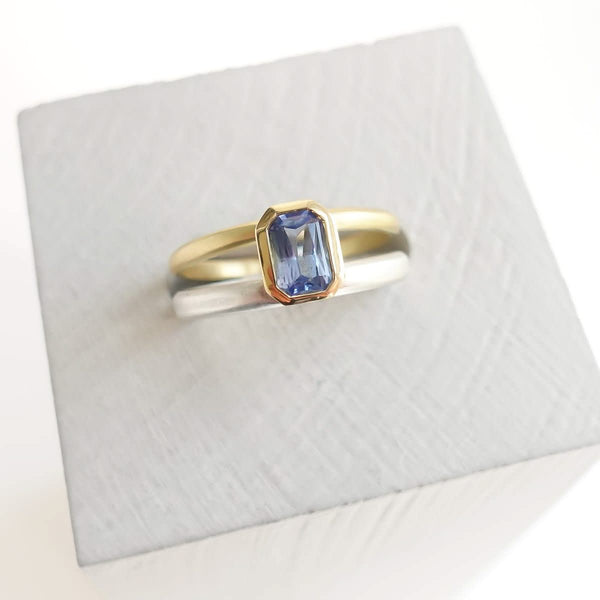 Silver 18ct gold and blue sapphire two band ring - bespoke and unique.